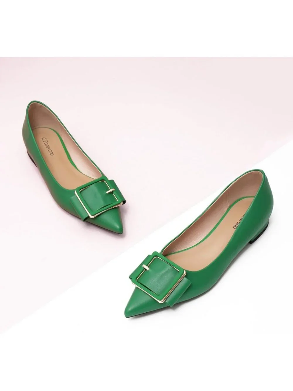 Women's Green Pointed Toe Square Buckle Flats Elegant Slip-On Comfortable Shoes